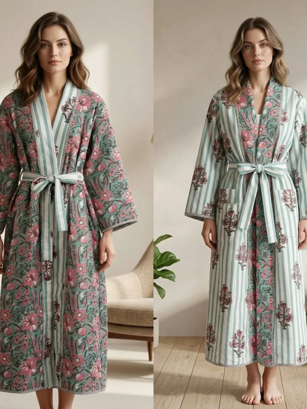 Reversible Cotton Kimono Robe, Hand Block Print Bathrobe, Floral Quilted for Her